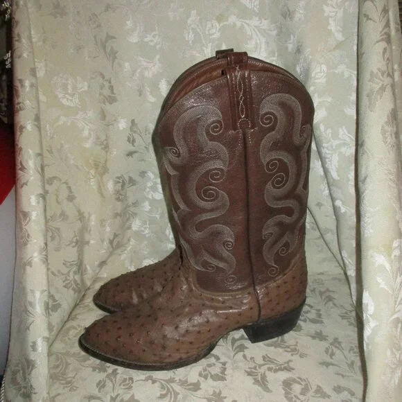 SIZE 13 TAN SADDLE TONY LAMA FULL QUILL OSTRICH COWBOY/WESTERN BROWN BOOTS - Picture 1 of 9